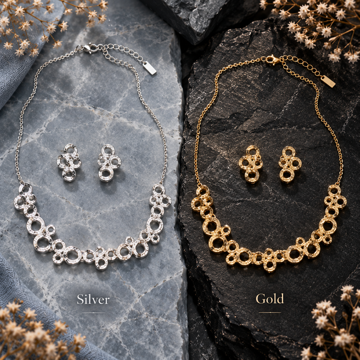 Connected circles necklace and matching earrings shown in silver and gold finishes

