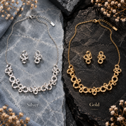 Connected circles necklace and matching earrings shown in silver and gold finishes

