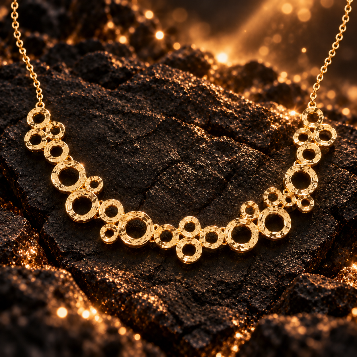 Gold boho connected circles statement necklace displayed on dark textured stone