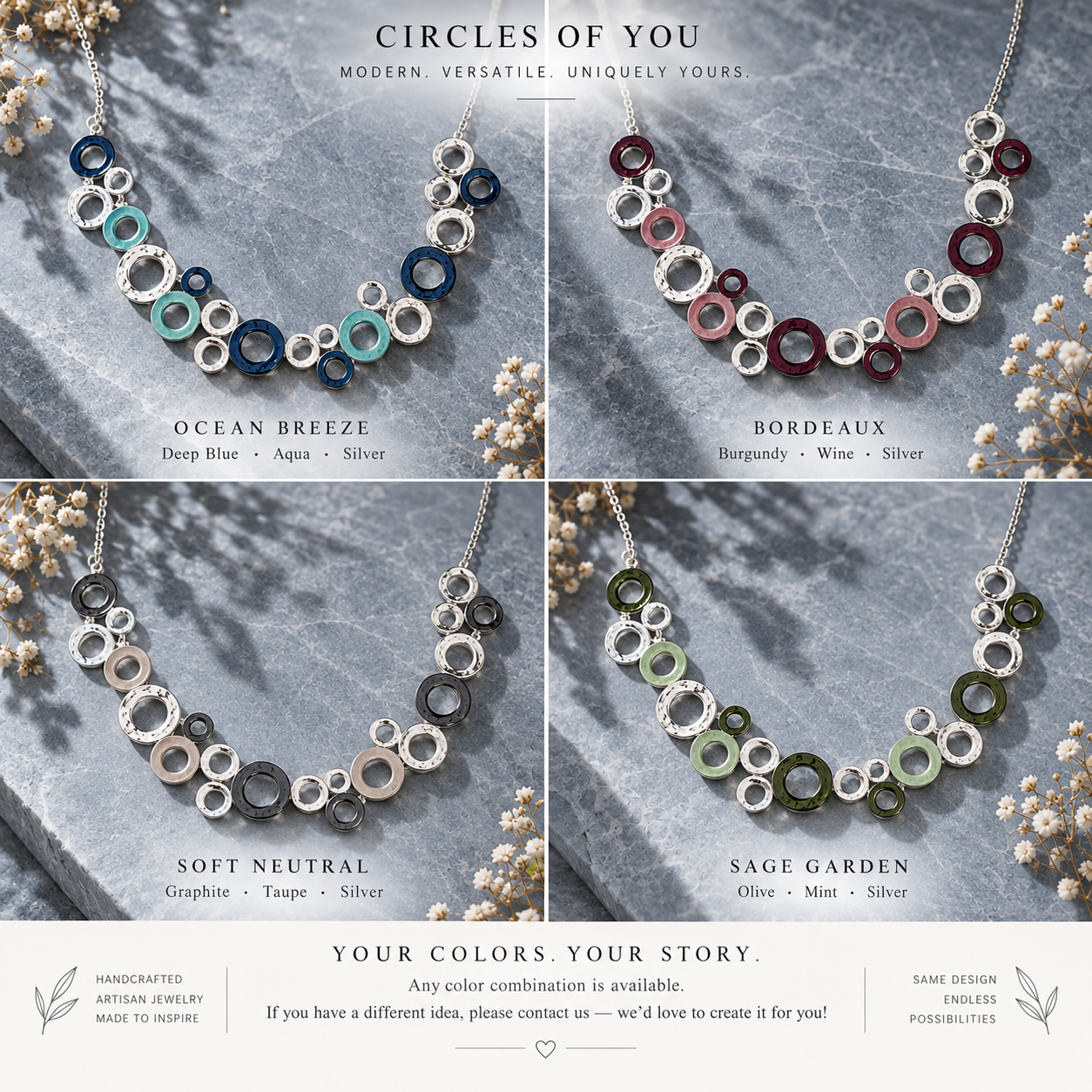 Connected circles jewelry color options chart with blue teal red green and neutral combinations
