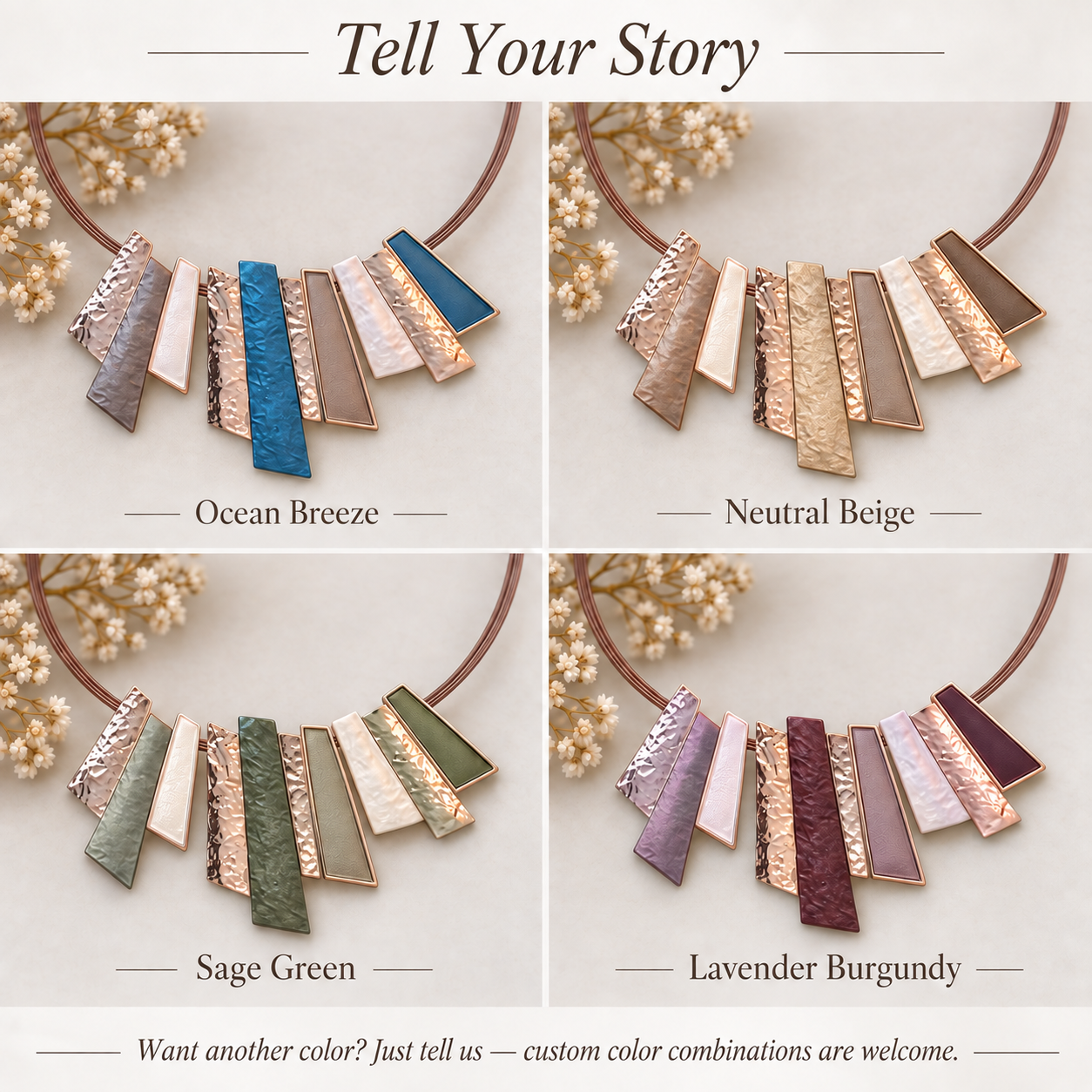 Custom color geometric Fan necklace options in Ocean Breeze Neutral Beige Sage Green and Lavender Burgundy

