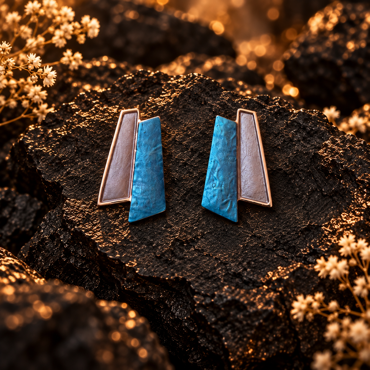 Ocean Breeze geometric Fan stud earrings with layered teal blue and rose gold panels on dark stone

