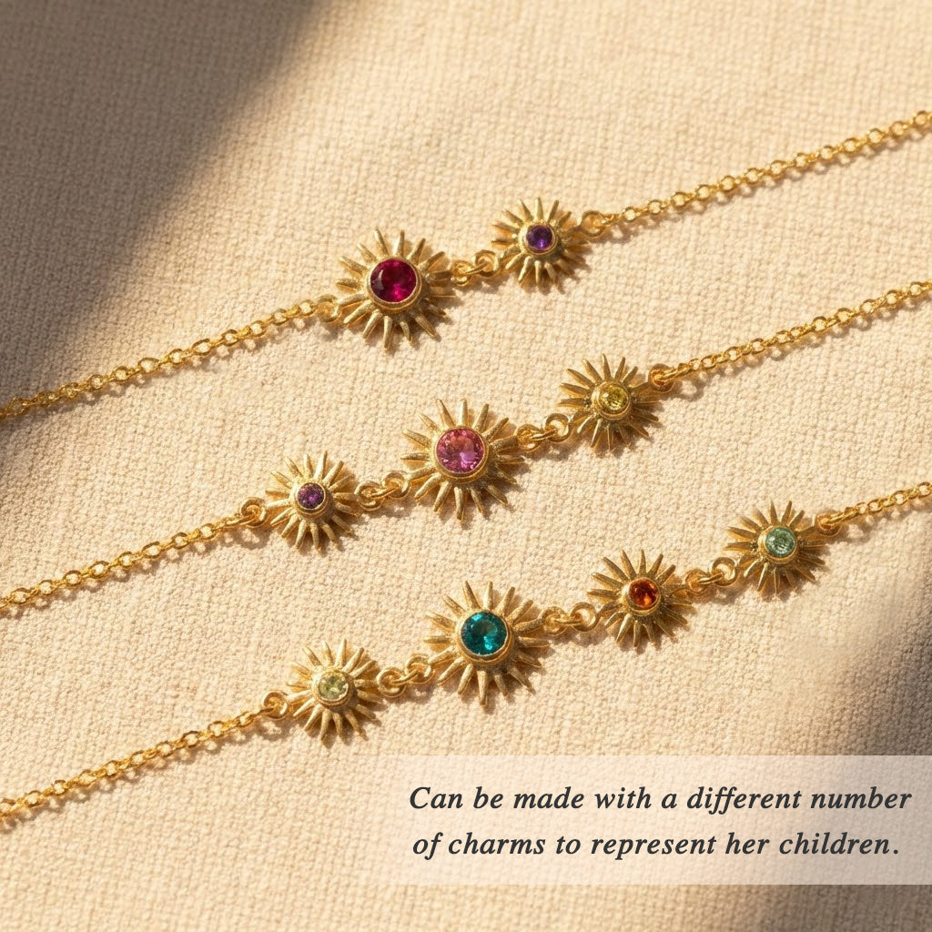 Custom sunburst birthstone bracelet shown with different gemstone combinations and charm counts to represent one or more children. Personalized family bracelet for moms, grandmas, and meaningful gifting.