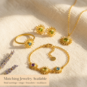 Matching birthstone jewelry set with a tiny necklace, ring, and bracelet displayed together as personalized gemstone gift options.