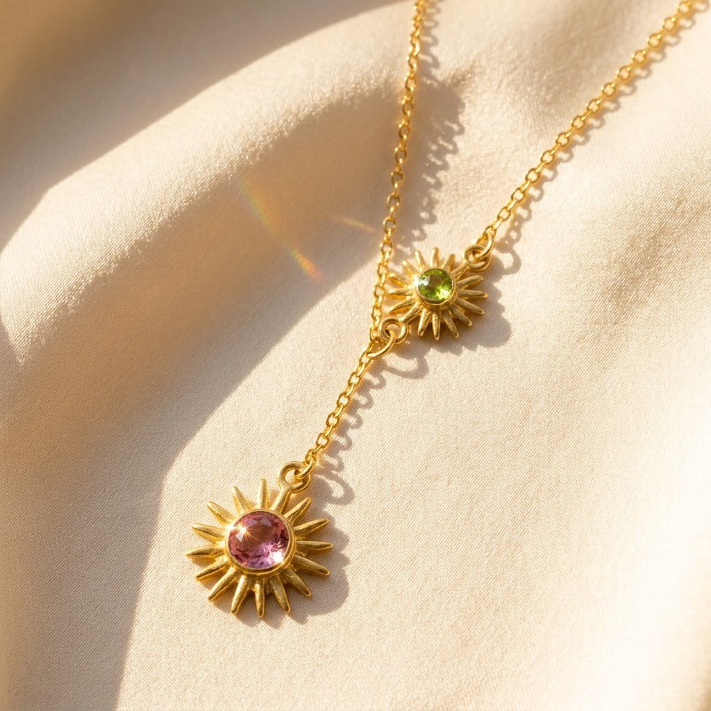 Custom birthstone sunburst necklace for mom gold lariat style necklace