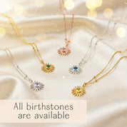 Dainty sunburst birthstone necklaces in gold filled, sterling silver and rose gold filled finishes arranged on a glowing satin background, each pendant showcasing a different colorful gemstone with delicate satellite chains and a text overlay reading “All birthstones are available.” Personalized sunburst birthstone necklace collection, perfect meaningful gift for her, birthdays, Mother’s Day, Christmas, bridesmaids or best friend jewelry.