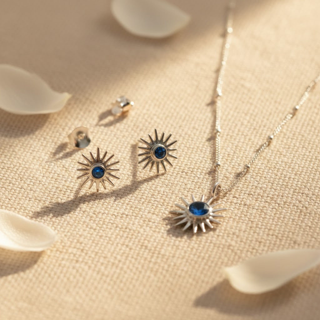 Sun Burst Necklace and Stud Earring Set, Sunshine Birthstone Jewelry Set