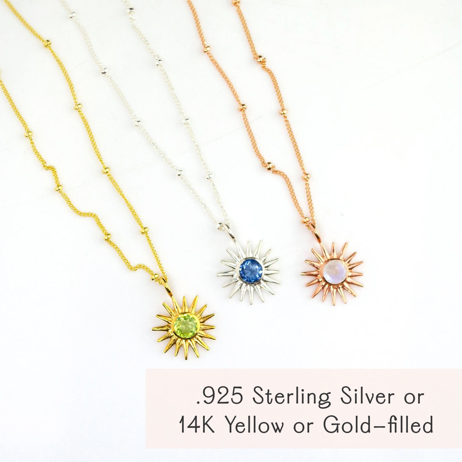 Sunburst Birthstone Necklace [5mm], Custom Sunshine Pendant, Dainty Gold Necklace for Her, Personalized Jewelry Gift for Mom or Friend