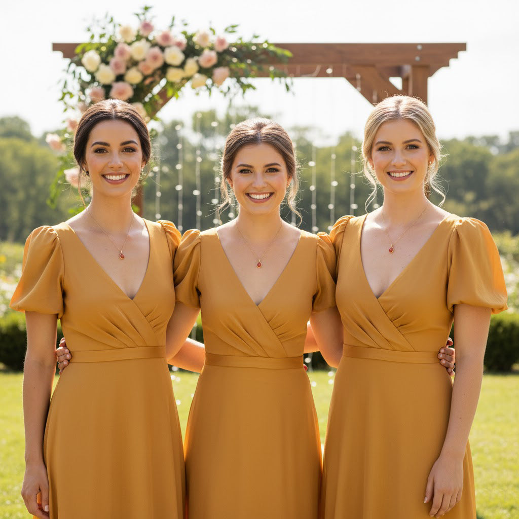 Three smiling bridesmaids standing outdoors at a sunny wedding ceremony, all wearing matching mustard yellow dresses and dainty oval sunstone necklaces on delicate chains, showing how the warm coppery gemstones coordinate beautifully as bridesmaid jewelry sets. Elegant minimalist sunstone pendant necklace perfect for bridal party gifts, boho wedding accessories, maid of honor presents or thoughtful keepsake jewelry for friends and sisters.