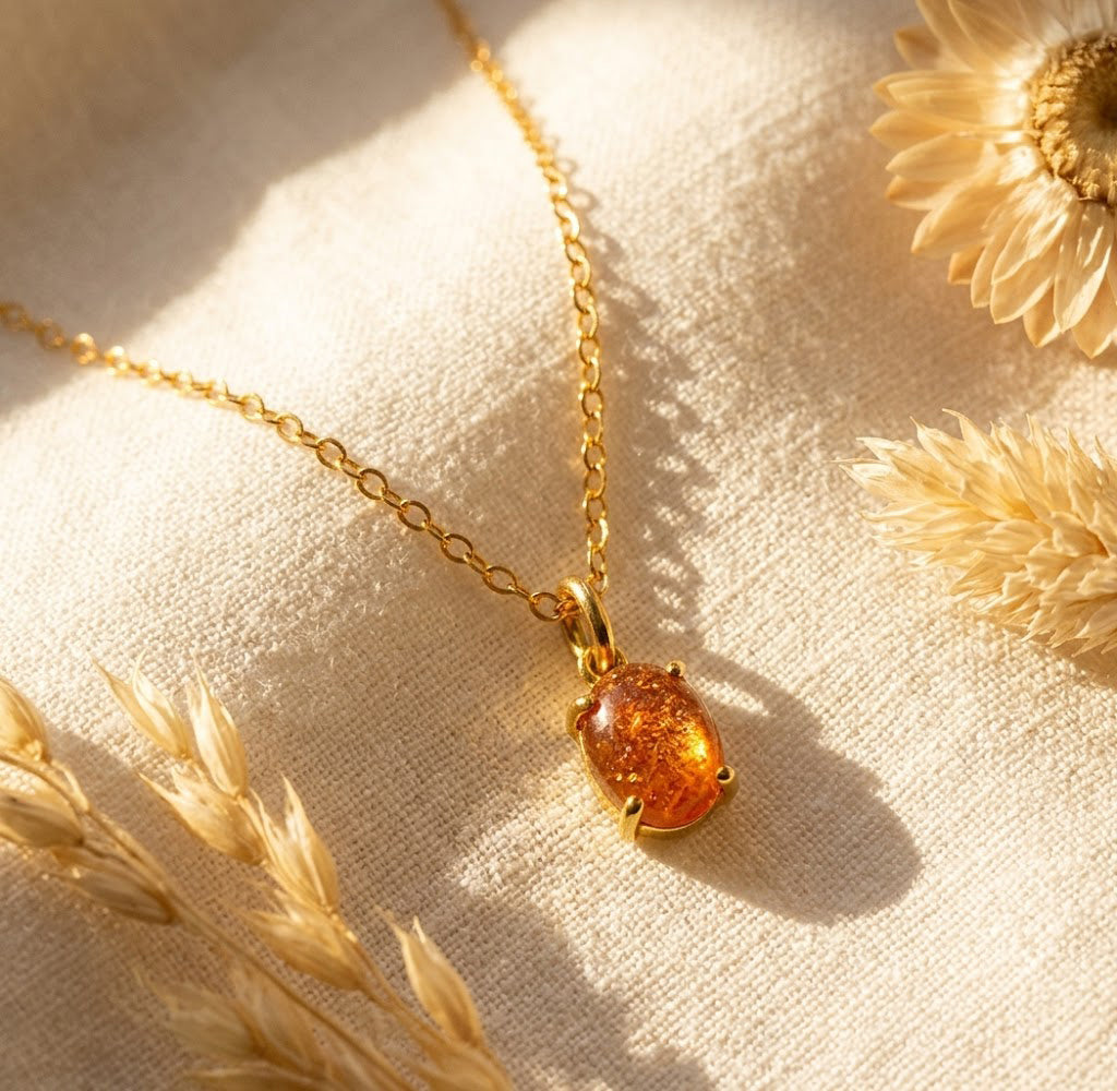 Sunstone cabochon necklace in gold with natural orange gemstone pendant