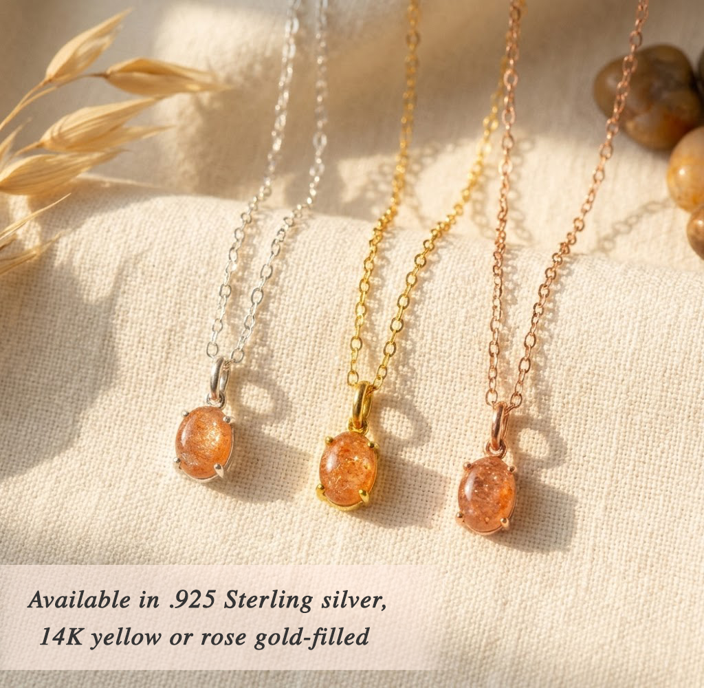 Natural orange sunstone pendant necklace gift for her in sterling silver or rose gold