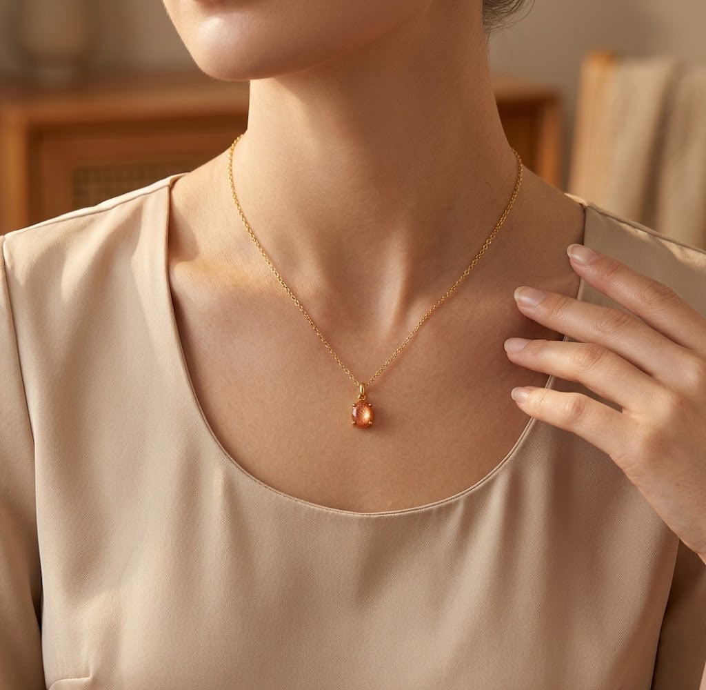 Natural sunstone necklace with oval cabochon pendant in gold filled