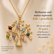 family tree birthstone necklace with engraved name charms, personalized mom or grandma necklace representing kids and grandkids jewelry gift