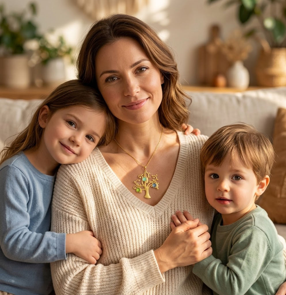 mom necklace with birthstones and name charms tree of life pendant personalized family jewelry shown on mom with her kids
