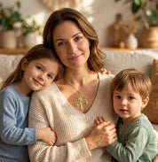 mom necklace with birthstones and name charms tree of life pendant personalized family jewelry shown on mom with her kids