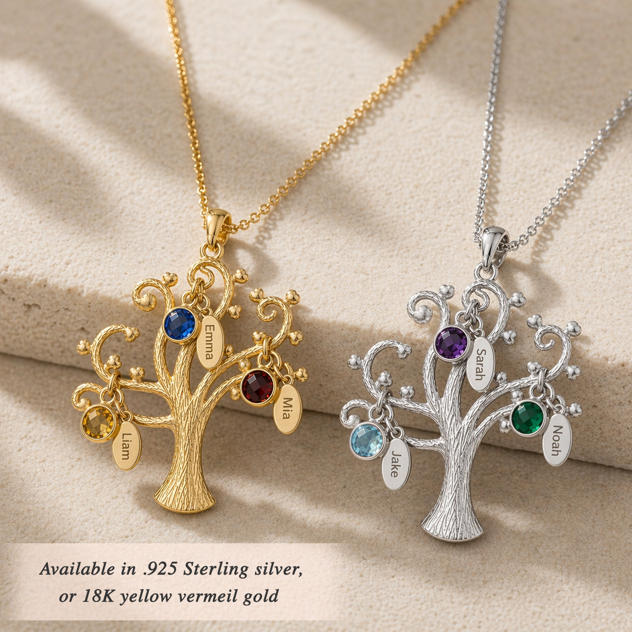 custom family tree necklace with birthstones and initials representing children and grandchildren in gold or silver
