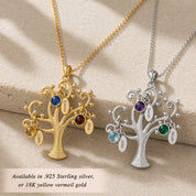 custom family tree necklace with birthstones and initials representing children and grandchildren in gold or silver