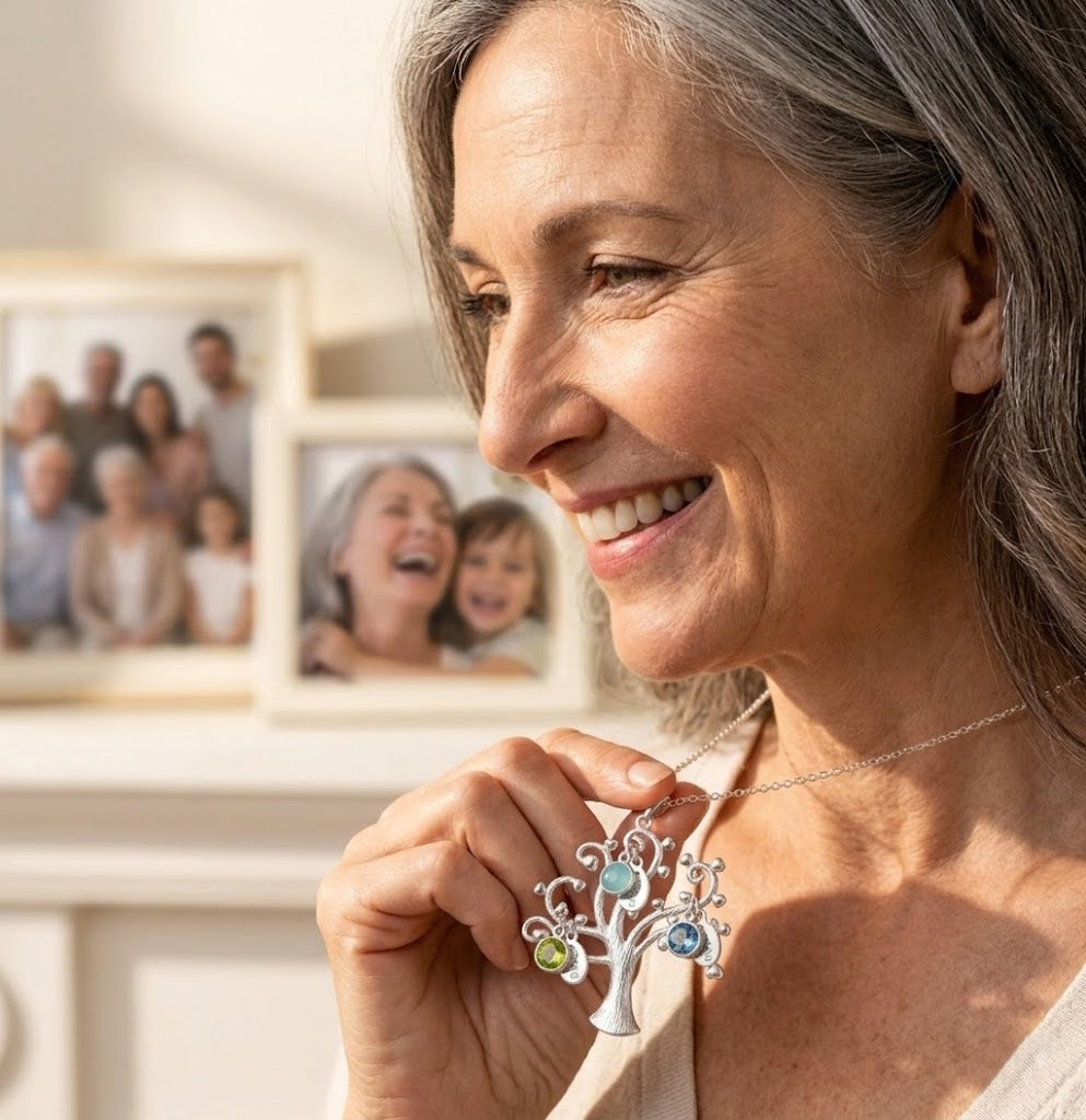 grandmother wearing personalized family tree necklace with birthstones and name charms