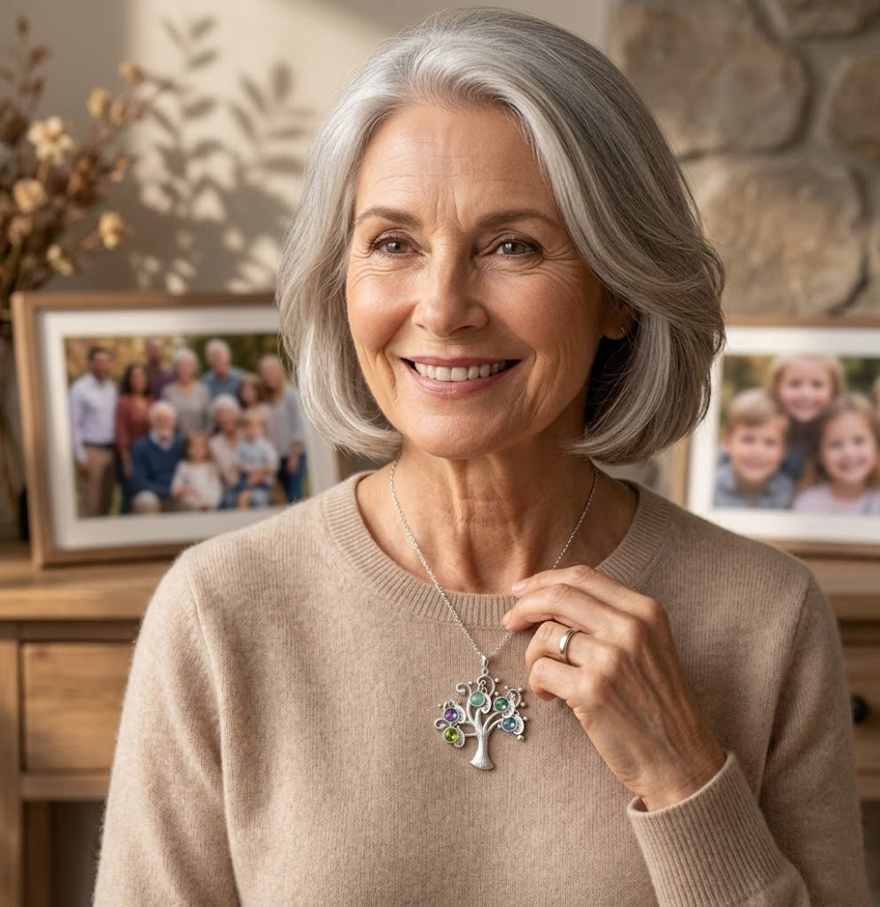 grandma wearing family tree birthstone necklace with engraved name charms meaningful jewelry