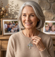 grandma wearing family tree birthstone necklace with engraved name charms meaningful jewelry