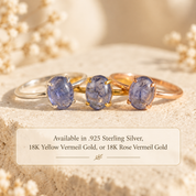 Tanzanite oval cabochon rings shown in sterling silver, yellow gold and rose gold vermeil finishes.
