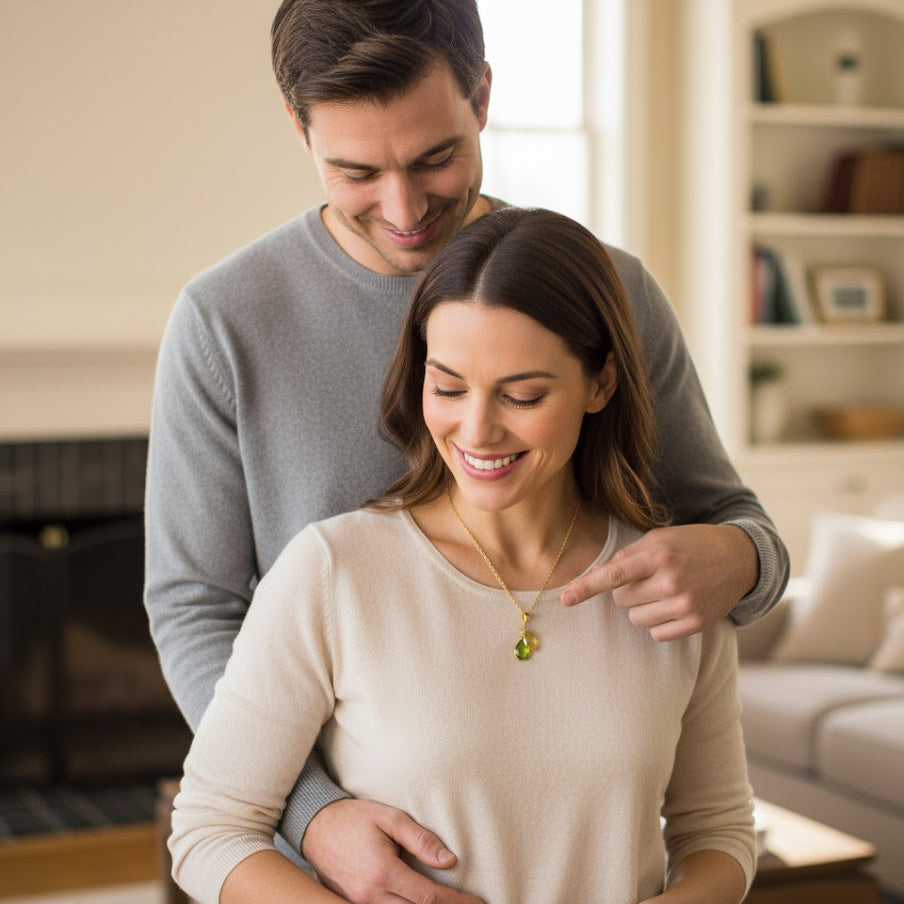 Gift moment showing personalized birthstone necklace given as a meaningful family gift, custom jewelry for mom or grandma featuring children’s birthstones by month, elegant gold vermeil necklace symbolizing love and family, sentimental anniversary or Mother’s Day gift, handmade keepsake jewelry designed to celebrate motherhood and family milestones