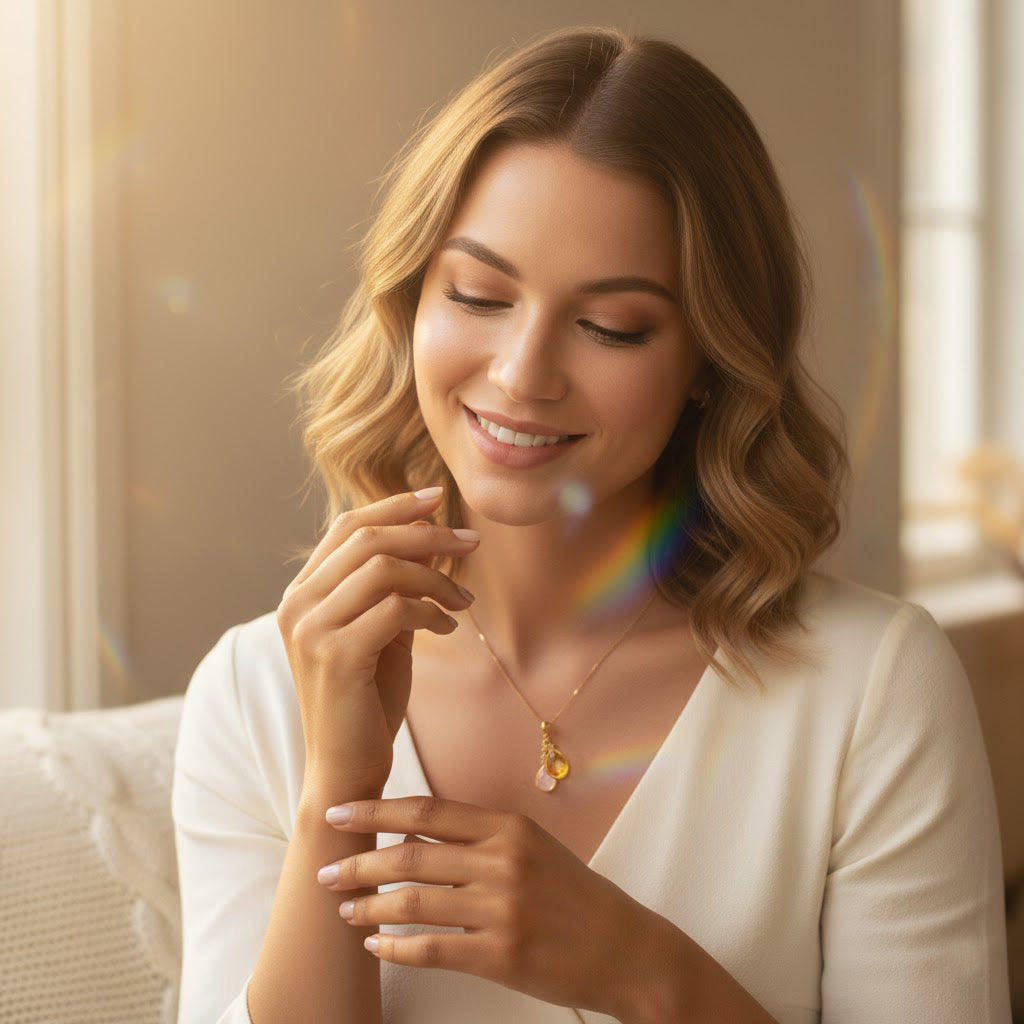 Woman wearing personalized birthstone necklace in soft natural light, elegant family jewelry featuring custom birthstones by month, meaningful necklace for mom or grandma, handcrafted gold vermeil birthstone pendant, sentimental everyday jewelry designed to honor children, family, and motherhood