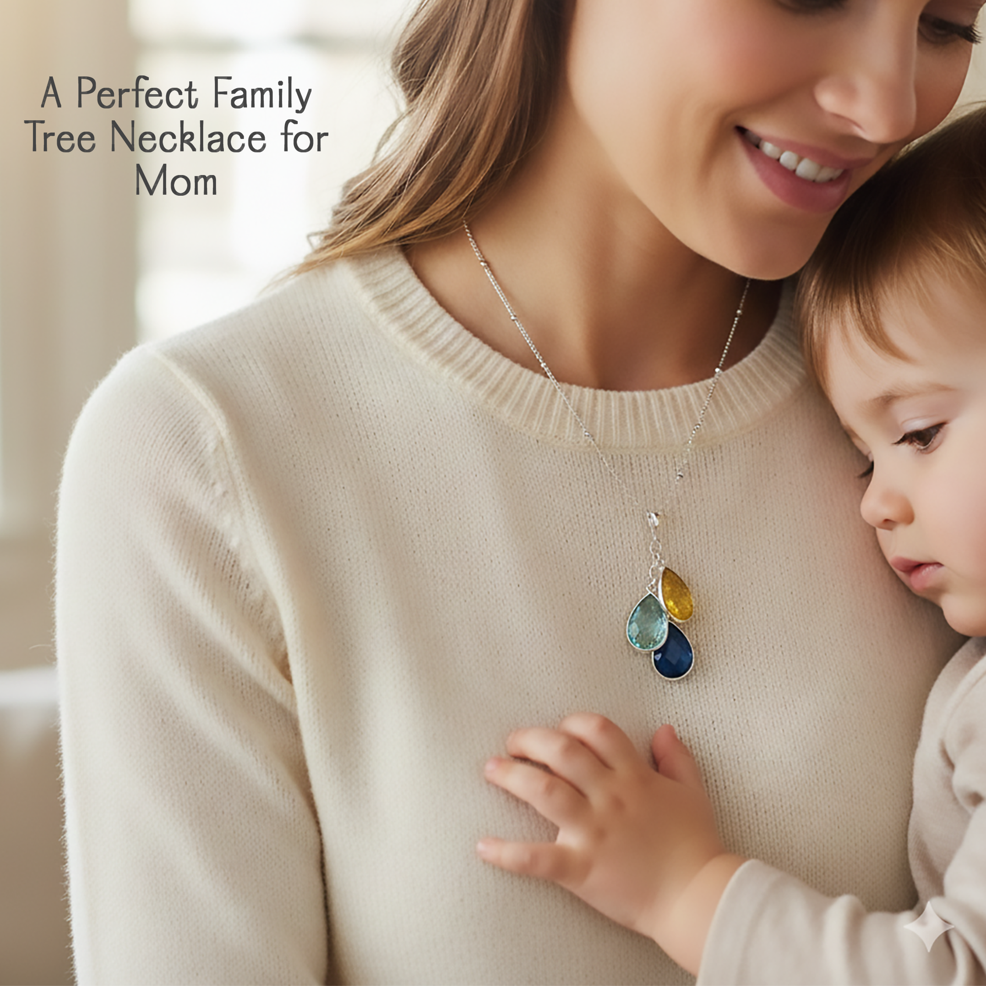 Custom family birthstone necklace featuring cascading teardrop gemstones in sterling silver, personalized with multiple birthstones to represent children or grandchildren, creating a meaningful mother’s necklace gift for birthdays, Mother’s Day, or Christmas.