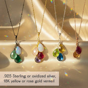 Detail view of necklace chain and metal finishes for personalized birthstone necklace, showing sterling silver and 18K yellow or rose gold vermeil options, minimalist family jewelry designed for mom and grandma, custom birthstone pendant necklace with October opal, November citrine, and December blue topaz options, timeless everyday jewelry gift