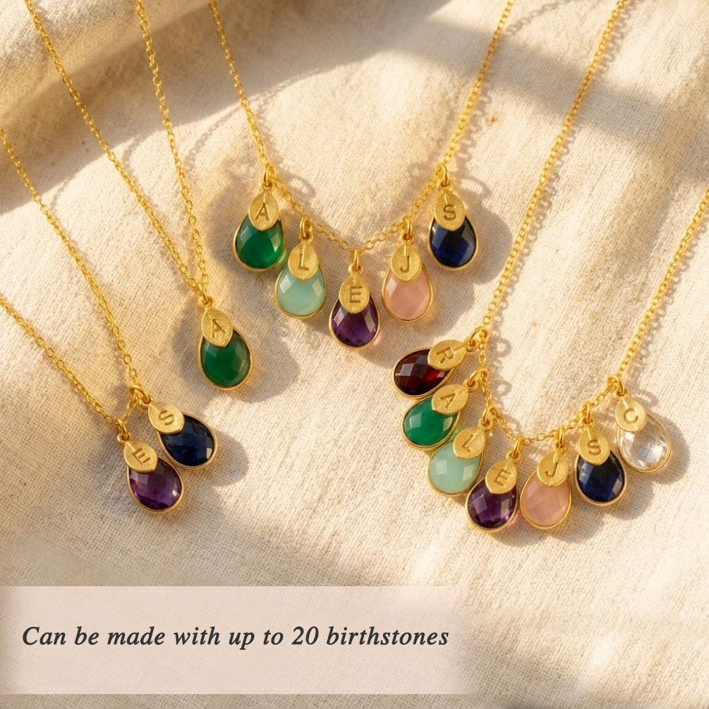 Custom Mother's Necklace with Kid's Birthstones & Letter Charms on Chain