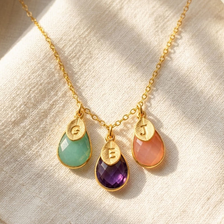 Custom Mother's Necklace with Kid's Birthstones & Letter Charms on Chain