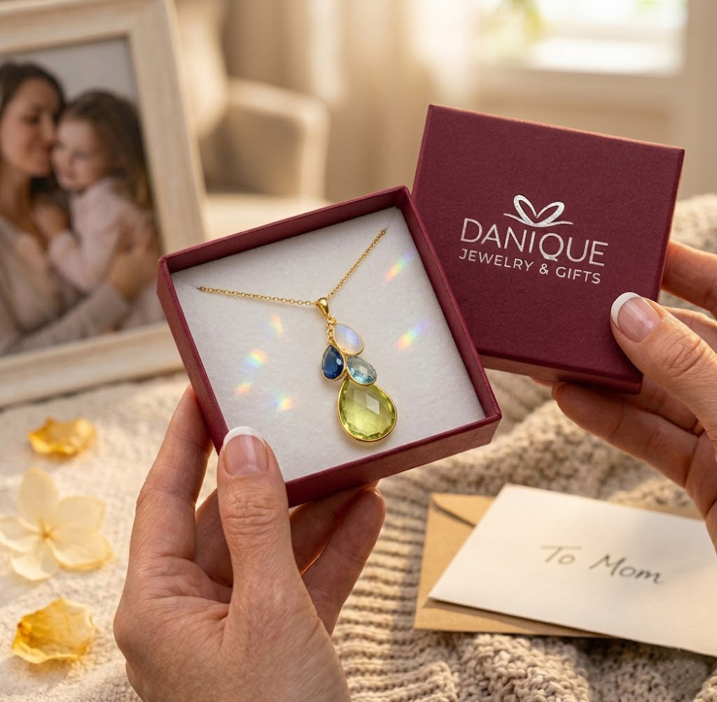 Gift-ready Danique Jewelry birthstone necklace in red jewelry box with personalized family gemstone pendant.