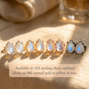 Colorful teardrop gemstone stud earrings including rainbow moonstone, shown in gold, rose gold, oxidized and bright .925 sterling silver settings with birthstone options for personalized jewelry gifts.