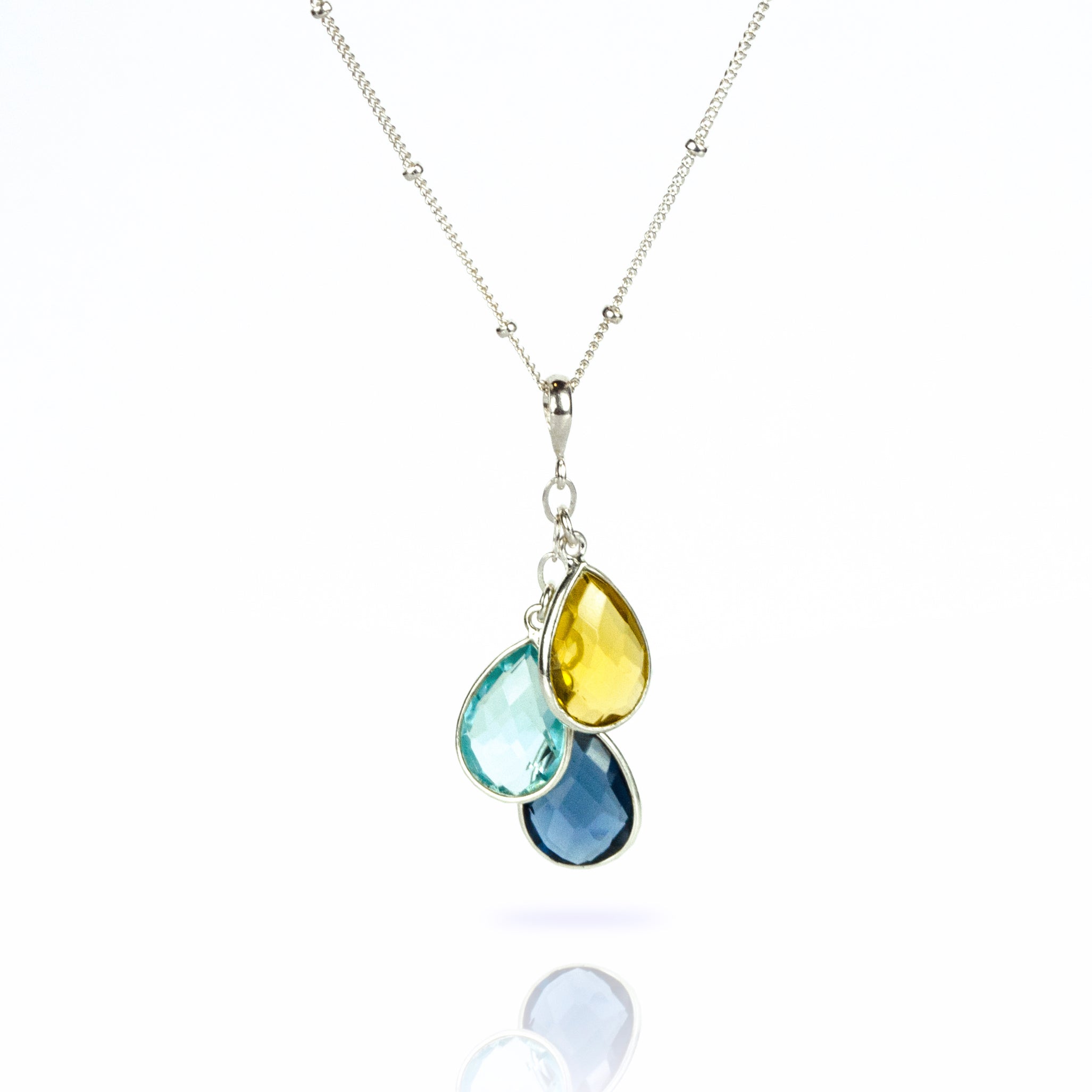 Three Kids Birthstone Necklace Family Tree Gemstone Necklace for Mom with November Birthday Citrine Birthstone, December Birthday Blue Topaz Birthstone, and September Birthday Kyanite Birthstone. Multiple Birthstone Options Availble for February, June, September, October, and December. Mother’s Birthstone Necklace with Kids Birthstones.