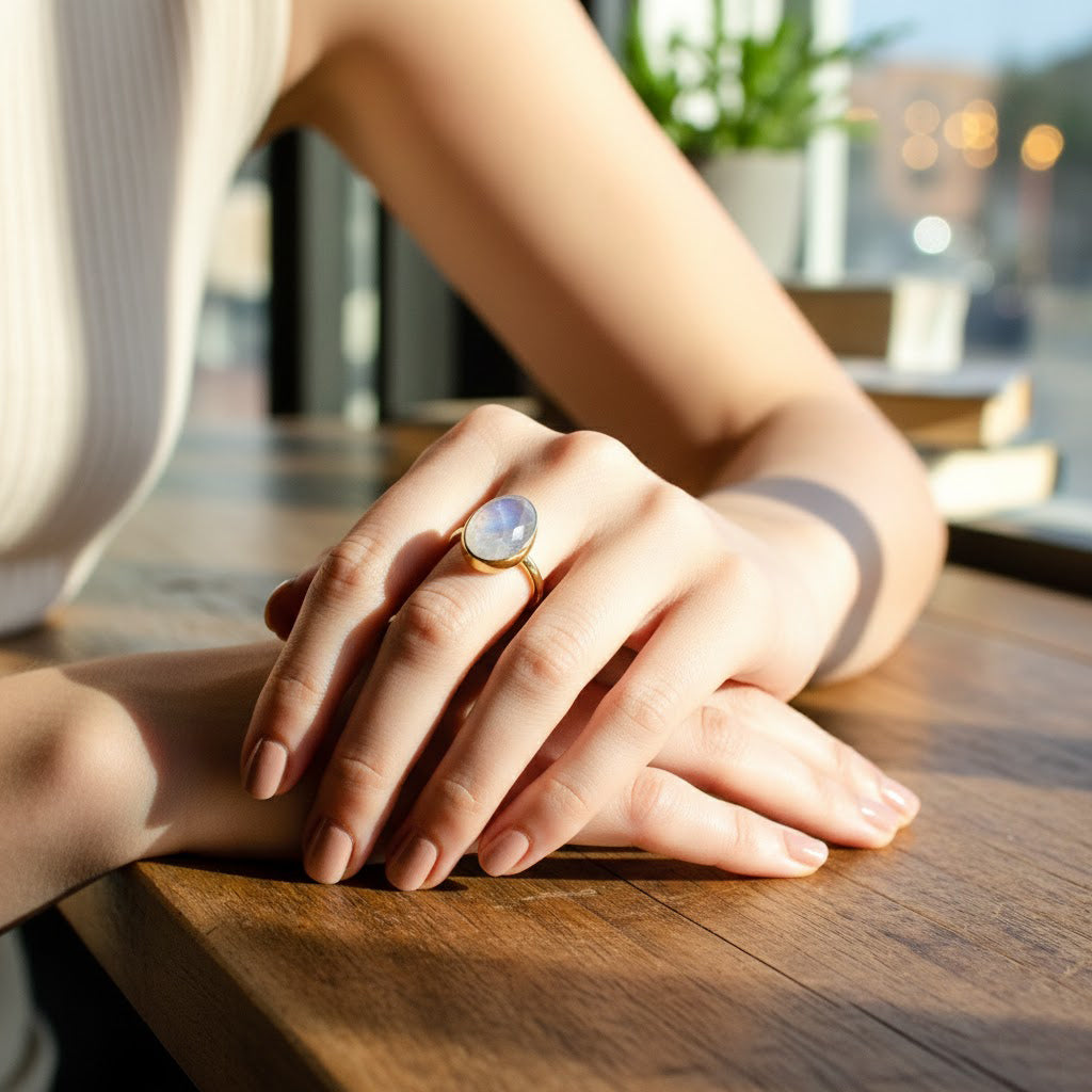 Rainbow moonstone oval ring photographed on a hand in natural light, emphasizing the gemstone’s iridescent glow and clean bezel setting. Minimalist June birthstone jewelry designed for comfort, versatility, and timeless style. Perfect gift for birthdays, anniversaries, or Valentine’s Day.