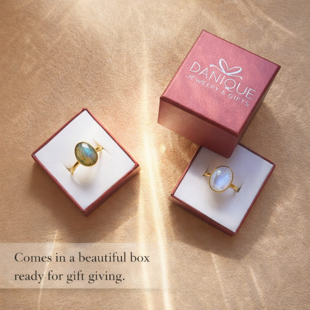 Rainbow moonstone oval ring displayed in a Danique Jewelry gift box, ready for gift giving. Bezel-set June birthstone ring packaged beautifully for birthdays, holidays, Mother’s Day, or special occasions. Handmade moonstone jewelry with a timeless, minimalist aesthetic.