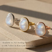 Rainbow moonstone oval ring shown in sterling silver, gold vermeil, and rose gold vermeil finishes, highlighting metal options available. Bezel-set June birthstone ring designed for stacking, gifting, and everyday elegance. Handmade minimalist moonstone jewelry for her.