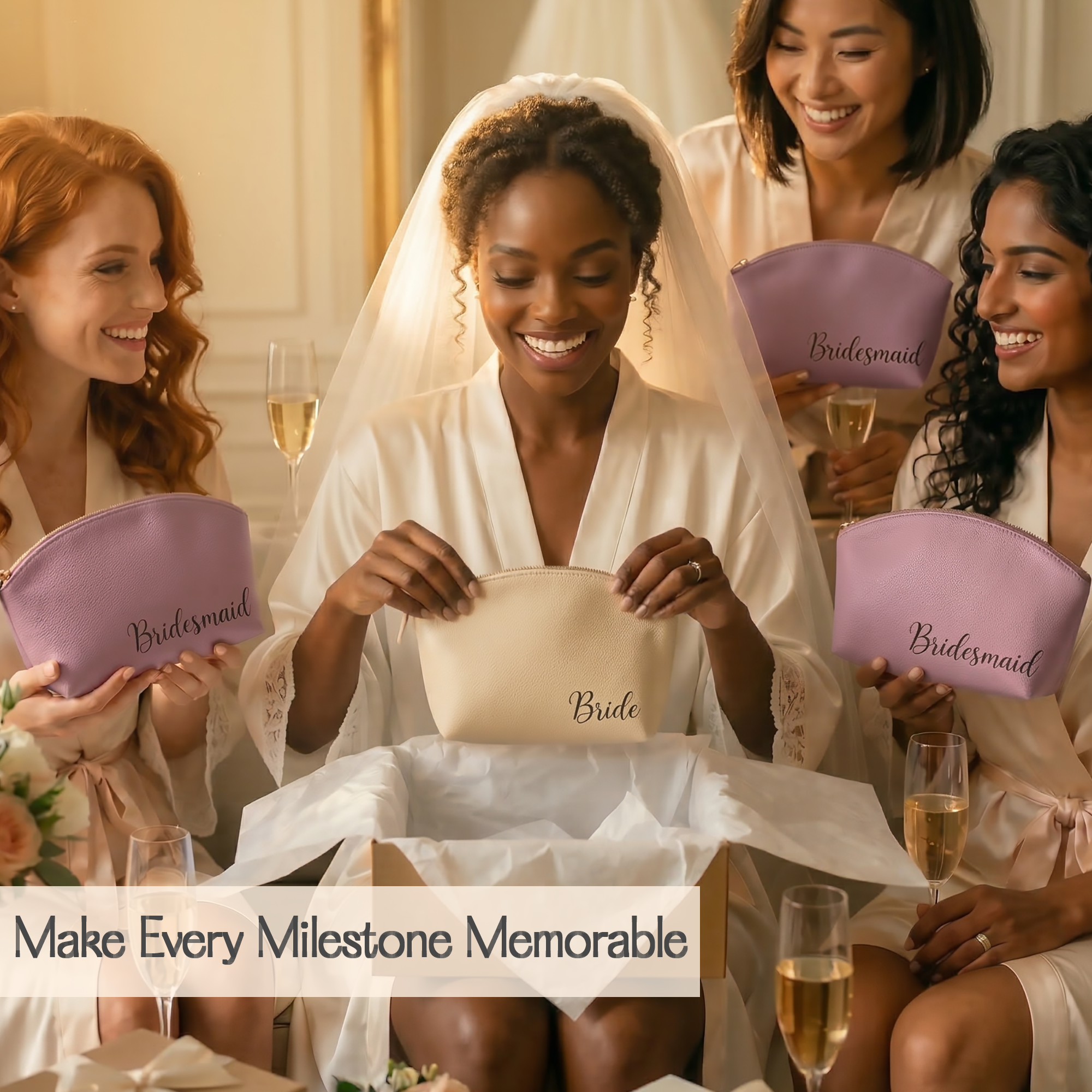 Personalized leather makeup pouch with engraved initials displayed on a minimalist cosmetic bag, designed to hold makeup brushes, lipsticks, and beauty essentials while serving as a thoughtful gift for birthdays, bridesmaids, anniversaries, or holidays.