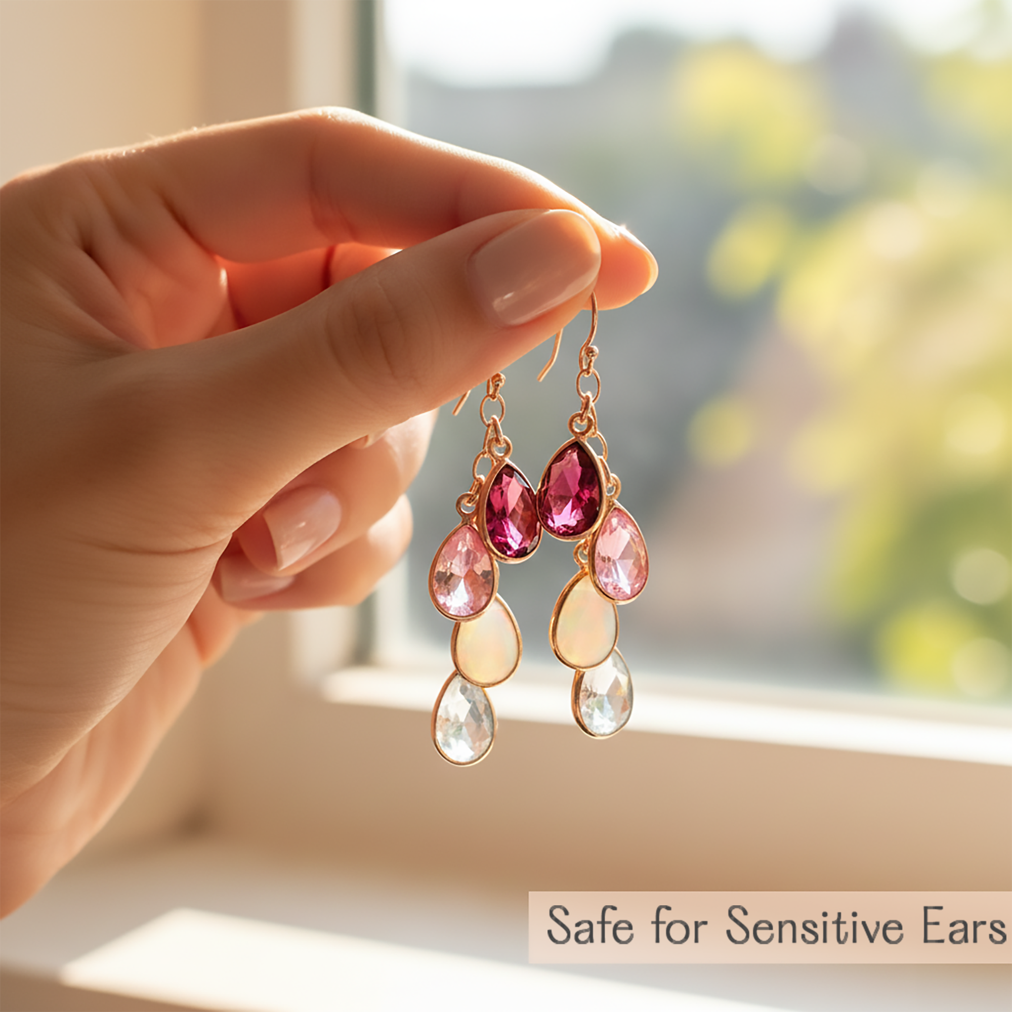 Hand holding a pair of earrings with pink and clear gemstones, set against a blurred natural background. Family birthstone drop earrings customized with multiple teardrop stones to represent each child’s birth month, crafted in sterling silver, gold filled, or rose gold filled for a sentimental keepsake gift.