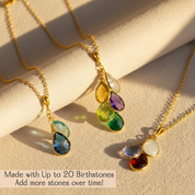Personalized teardrop birthstone necklace for mom with sparkling natural gemstones arranged in a cascading cluster, handcrafted in sterling silver or gold, designed to celebrate children, family milestones, and growing generations.