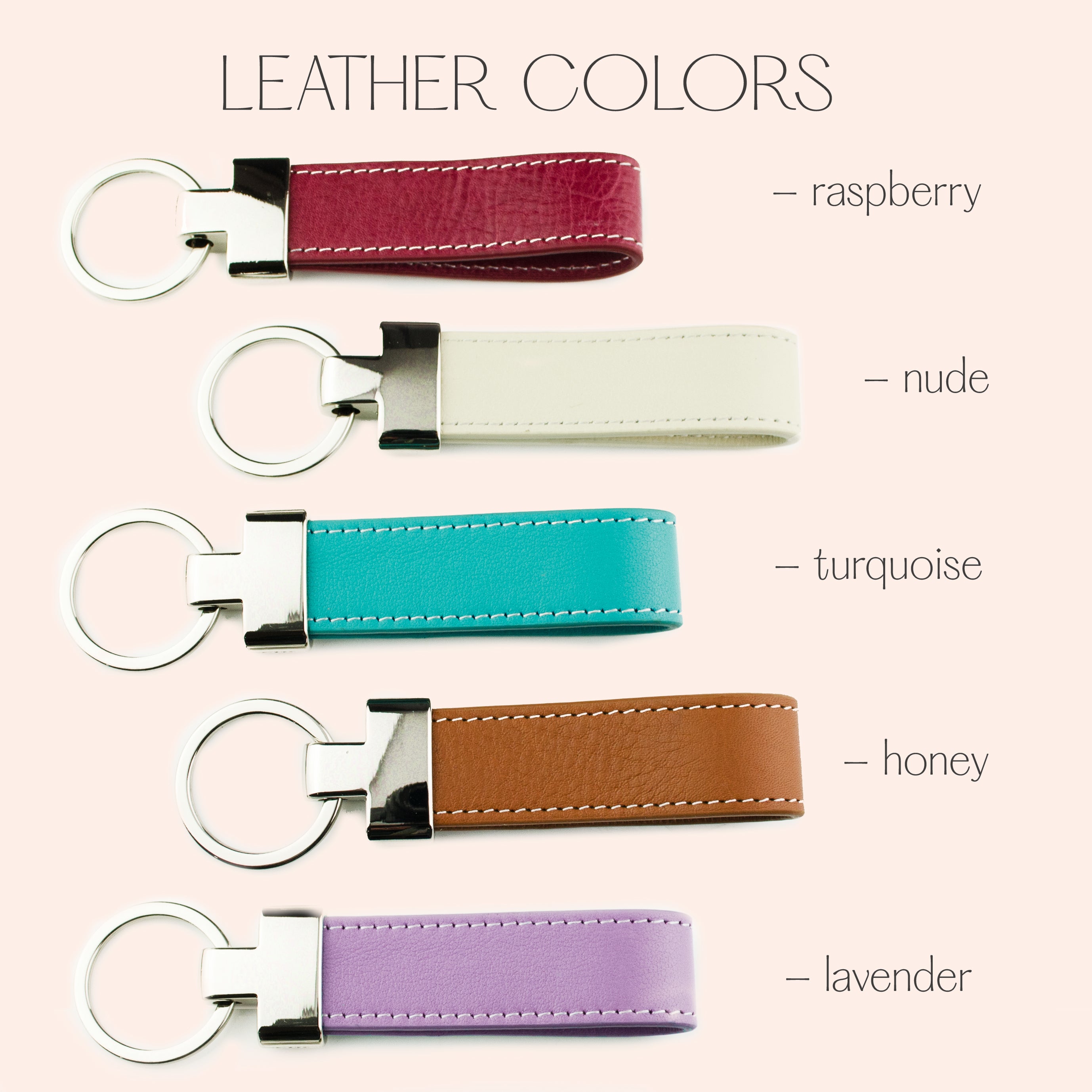 genuine leather color options raspberry nude turquoise honey and lavender keychains 