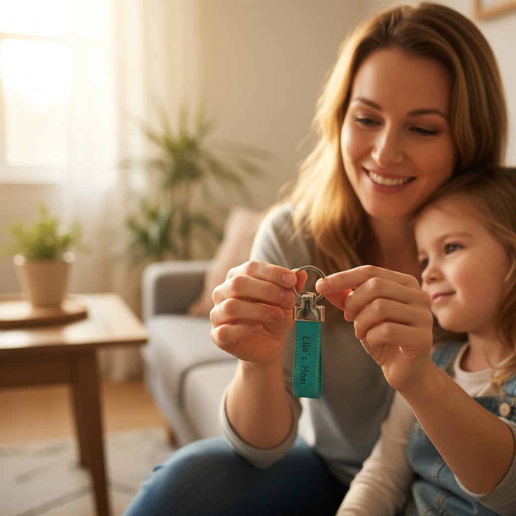 Mother and child holding a personalized leather keychain together, sentimental family gift idea