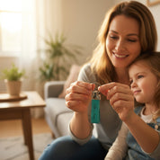 Mother and child holding a personalized leather keychain together, sentimental family gift idea