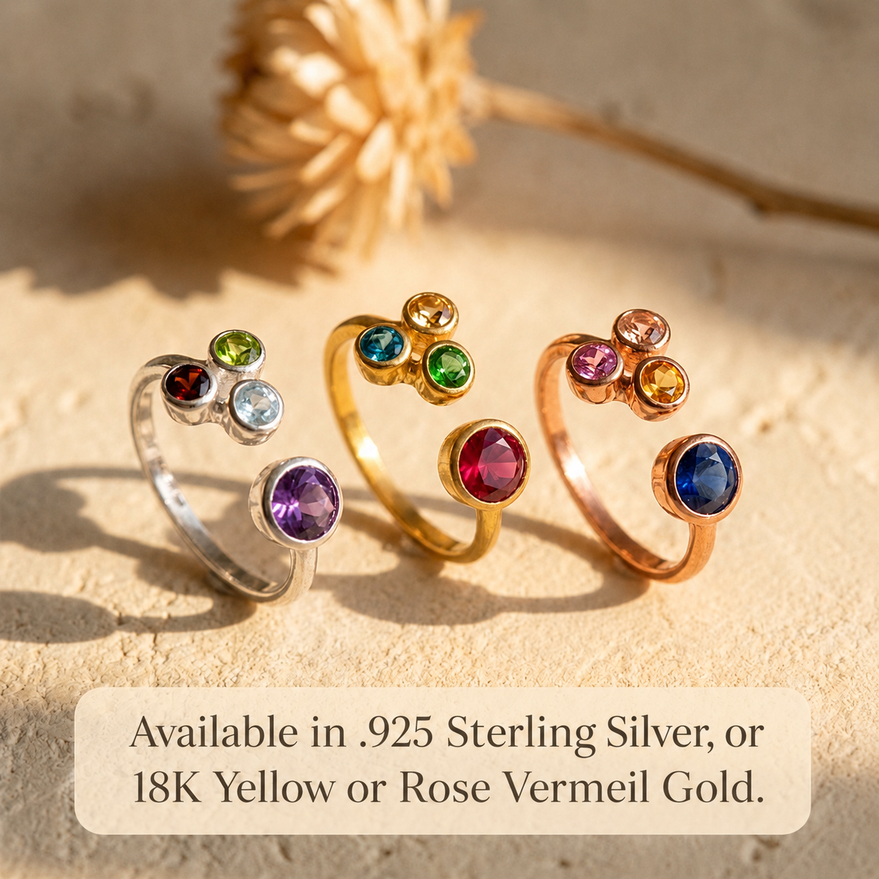Mom of three birthstone rings in sterling silver , yellow gold and rose gold vermeil