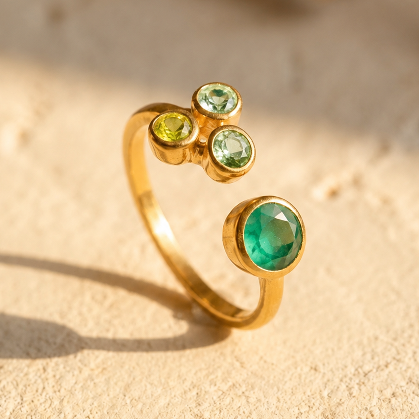 Personalized adjustable birthstone ring for mom of three with one larger mom stone and three smaller kids birthstones in gold