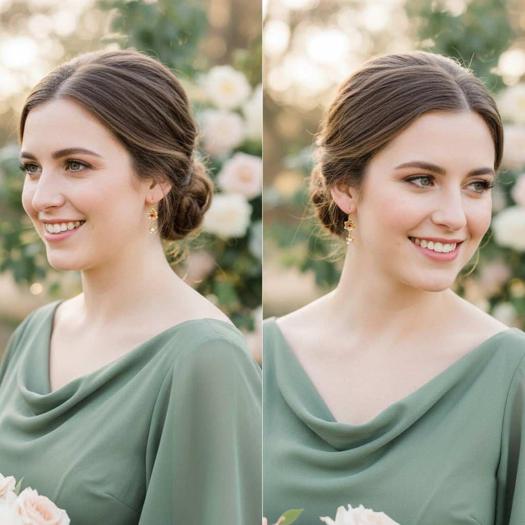 Floral birthstone drop earrings styled for bridesmaids gifts, matching personalized bloom earrings in gold and silver