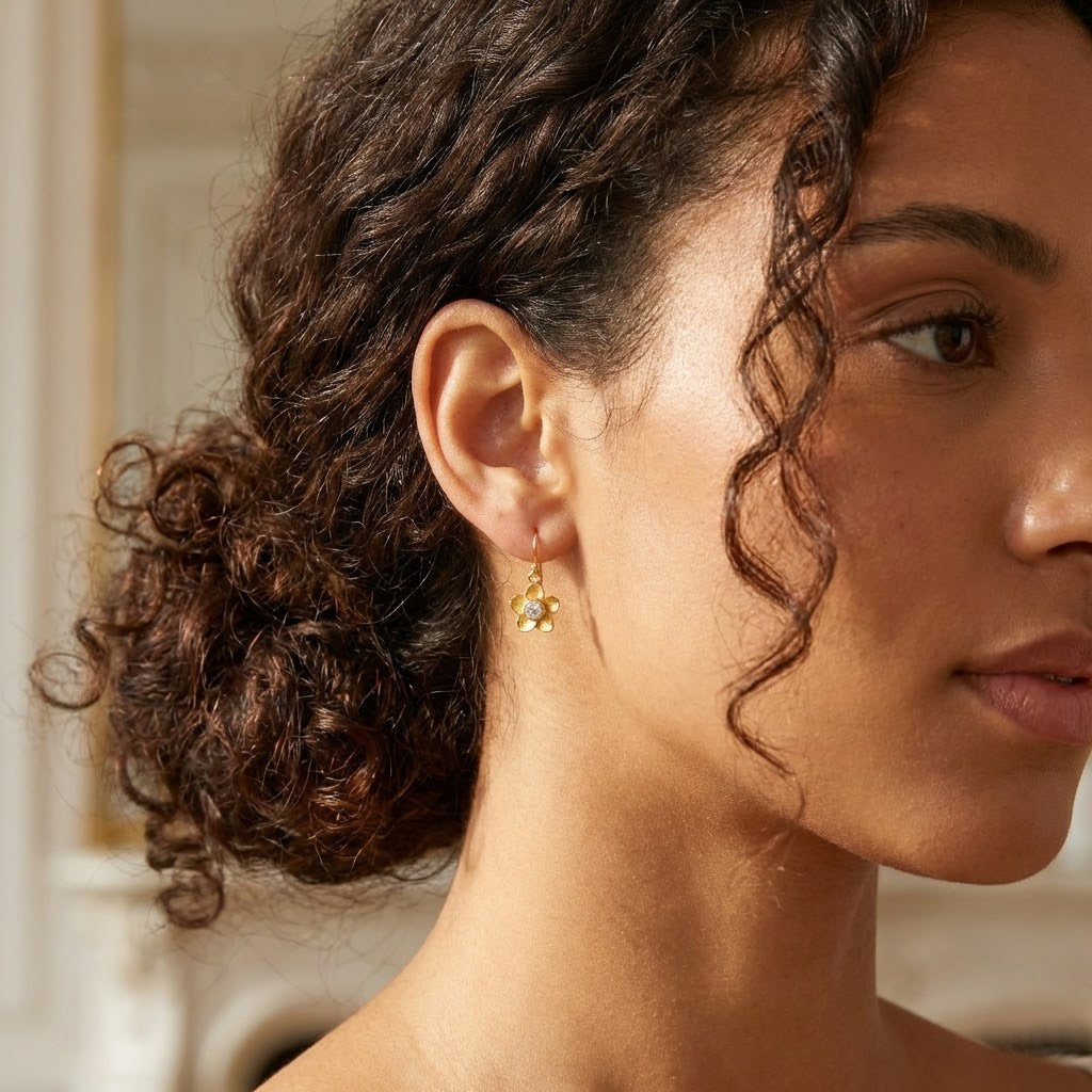 Model wearing custom birthstone flower earrings, dainty floral drop earrings styled for everyday wear, personalized bloom jewelry gift perfect for birthdays, Mother’s Day, or anniversaries