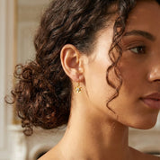 Model wearing custom birthstone flower earrings, dainty floral drop earrings styled for everyday wear, personalized bloom jewelry gift perfect for birthdays, Mother’s Day, or anniversaries