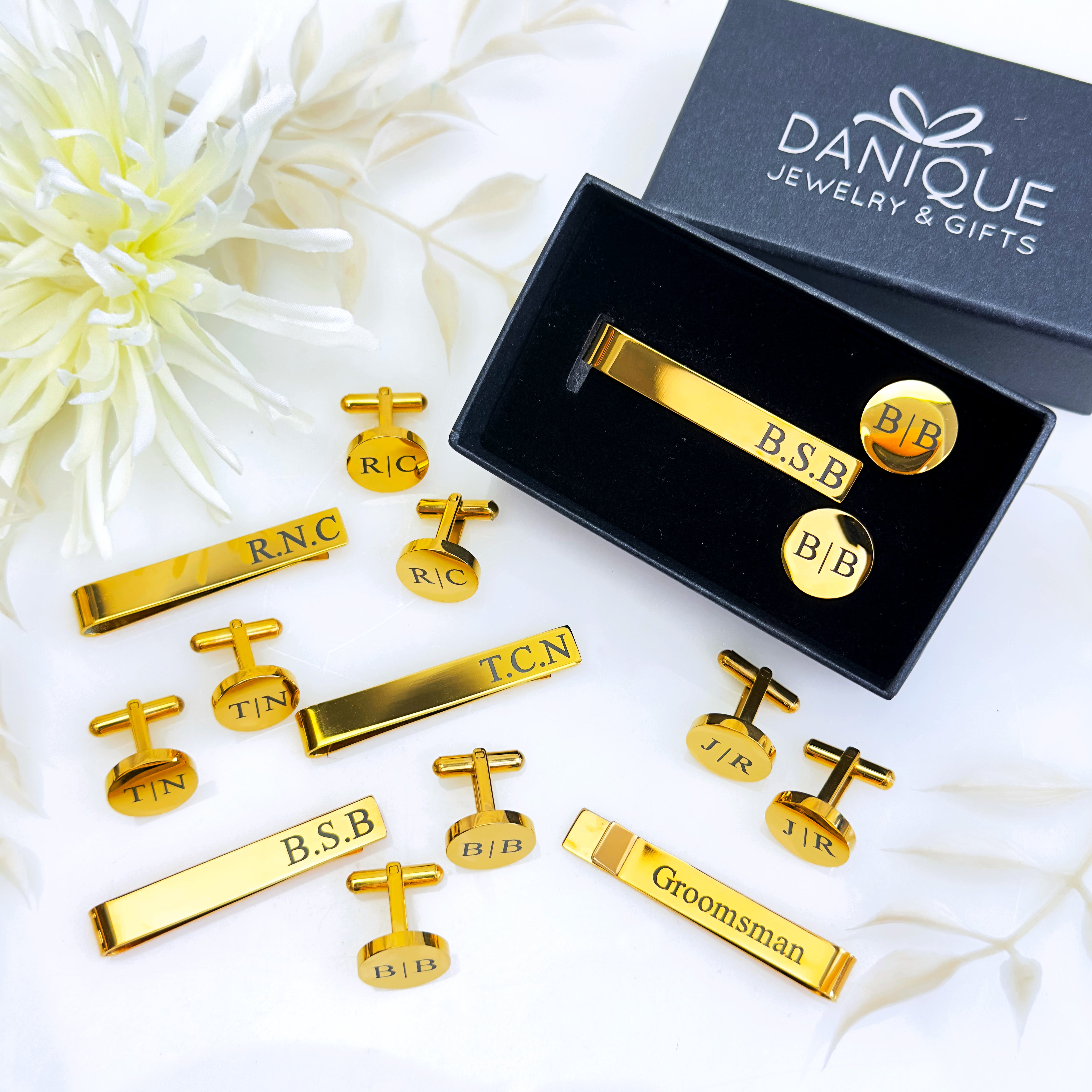 Collection of gold laser engraved cufflinks and tie clips set. Great gift for dads, Father's Day, Retirement, new job or promotion or for your wedding party, dad gift, fathers day gift, gift for dad, gift for him, christmas, groomsman gift, promotion gift, grad gift, graduation gift. anniversary gift, steel anniversary, silver anniversary, gold anniversary, prom gift