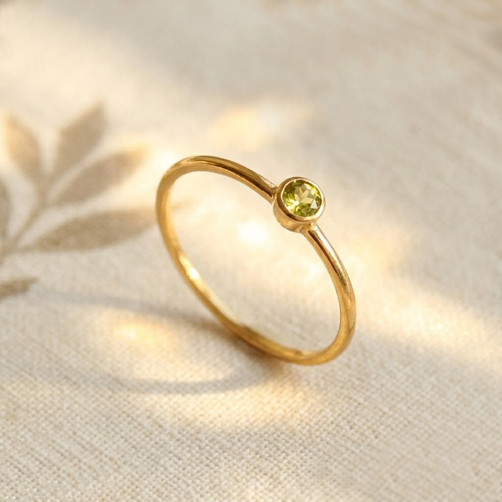 Single gold plated dainty 3mm Green Amethyst gemstone ring. February  birthstone. On white background. 925 sterling silver, birthstone ring, stacking ring, stackable, birthstone jewelry, facet gemstone